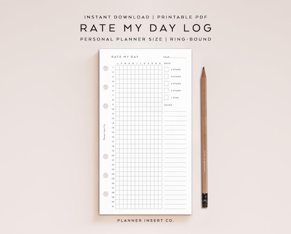 PERSONAL SIZE // Rate My Day Tracker Planner Insert Printable, Daily Rating Journal, Mood Tracker, Year in Pixels, Minimal Monthly Tracker