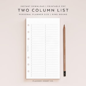 TAMAÑO PERSONAL // Planificador imprimible con lista de tareas pendientes / Lista de verificación de dos columnas, agenda organizadora de tareas / Lista de tareas de 2 columnas / PDF minimalista