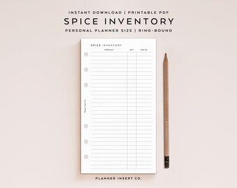 PERSONAL SIZE // Spice Inventory List Tracker Printable Planner Insert, Home & Kitchen Inventory Log, Food Expiration Log Tracker, Minimal