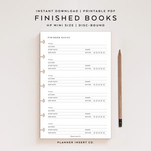 May include: A white planner insert with the text "FINISHED BOOKS" and lines for title, author, start and end dates, pages, and rating. A wooden pencil rests on the right side. The text "HP MINI SIZE | DISC-BOUND" is at the top.