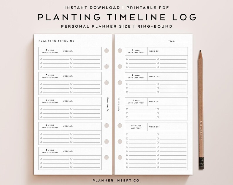 May include: Printable PDF planting timeline log for personal planners. The log has sections for 8 weeks until last frost, 7 weeks until last frost, 6 weeks until last frost, 5 weeks until last frost, 4 weeks until last frost, 3 weeks until last frost, 2 weeks until last frost, 1 week until last frost, and estimated last frost. Each section has a space to write the week of and a checklist.