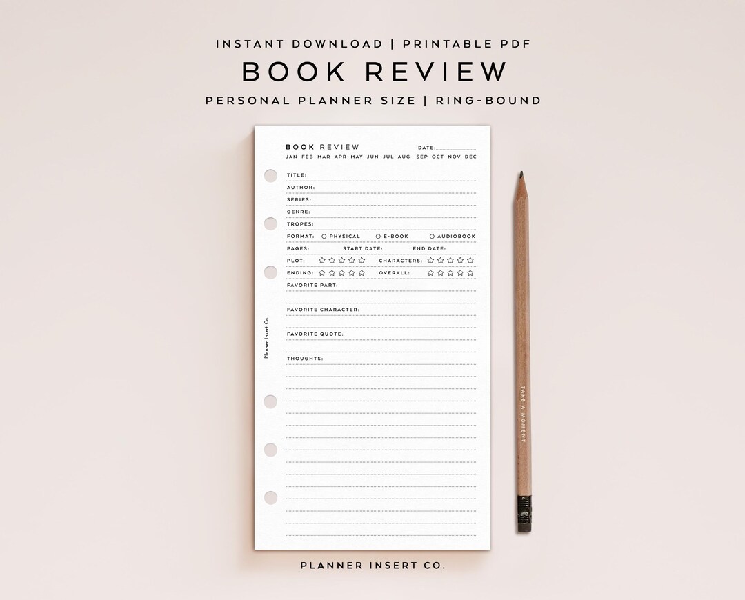 PERSONAL SIZE // Book Review Tracker Printable Planner Insert / Reading ...