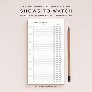 TAMAÑO PERSONAL // Lista de programas de TV para ver, inserto de planificador imprimible, lista de programas, planificador de series, diario de programas, seguimiento de programas de series / minimalista