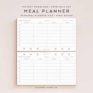 May include: A printable meal planner PDF with two white pages featuring black text and grid lines. The layout includes sections for breakfast, lunch, dinner, and snacks for each day of the week, with ring-bound holes and the text Planner Insert Co.