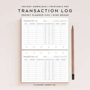 May include: Two white transaction log sheets with a pencil. The sheets are labelled "Transaction Log" and include sections for date, category, description, and financial details. The pencil is wooden with a black eraser. The text "Instant Download | Printable PDF" is at the top.