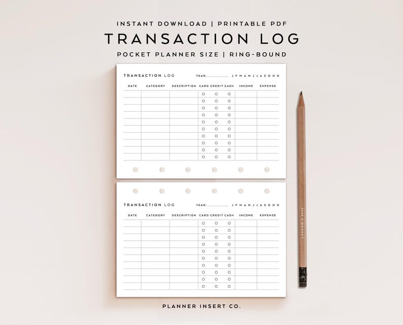 POCKET SIZE // Transaction Log Printable Planner Insert, Income Expense ...