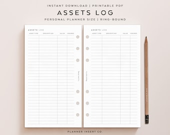 PERSONAL SIZE // Assets Log Planner Insert Printable / Net Worth Log / Personal Finance Planner / Assets Tracker / Assets List / Minimal