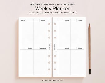 PERSONAL SIZE // Week On Two Pages Printable Planner Insert, Vertical Weekly Planner Refill, Weekly Agenda, Filofax Personal Insert, Minimal