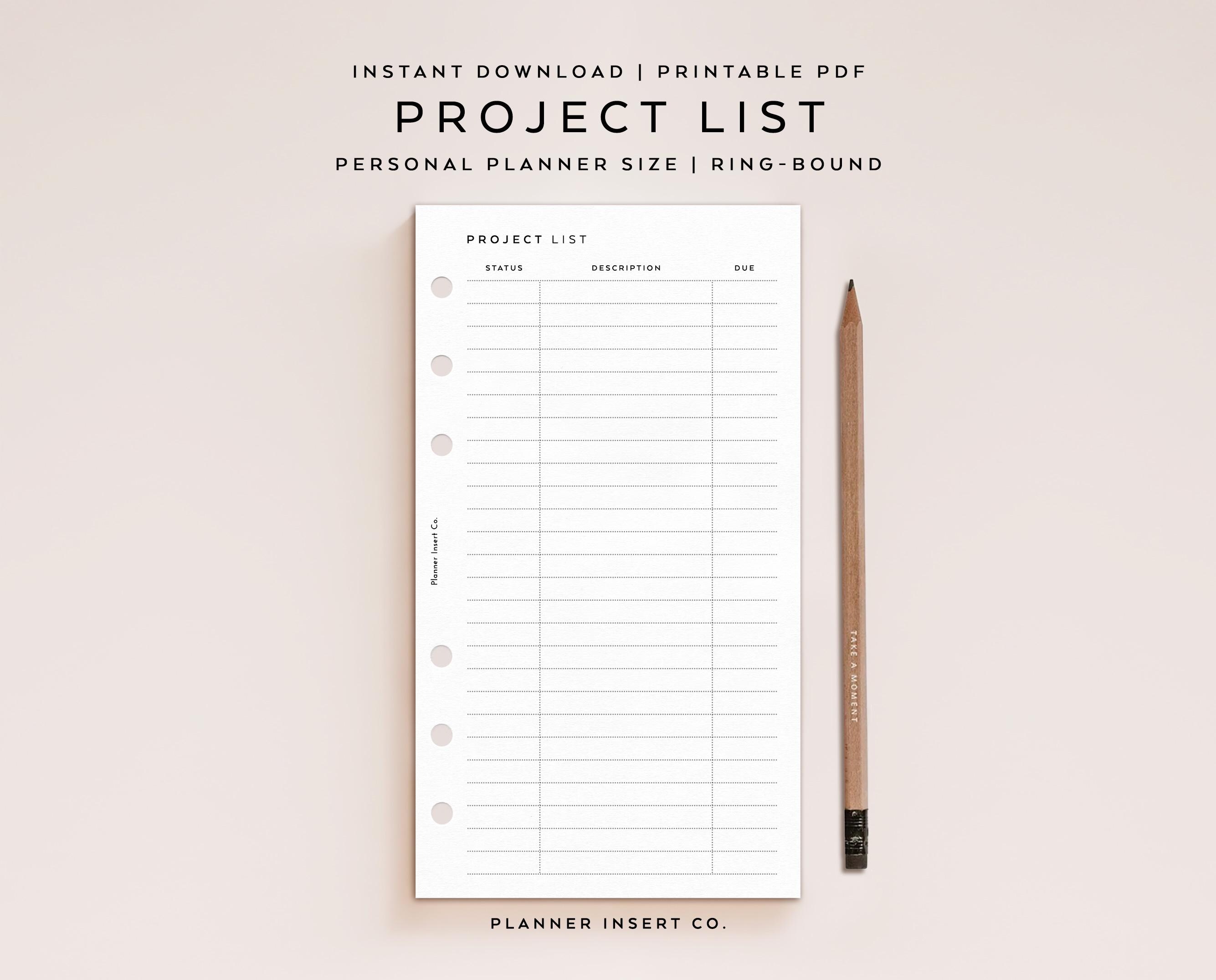 PERSONAL SIZE // Project List Printable Planner Insert / Project ...