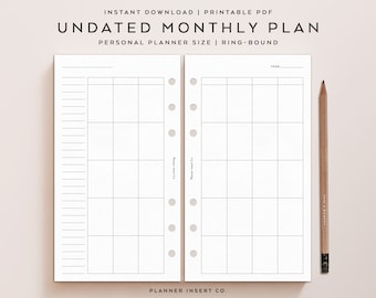 PERSONAL SIZE // Undated Monthly Planner Printable Insert / Month On Two Pages / Month At A Glance / MO2P / Minimal Monthly / Personal Rings