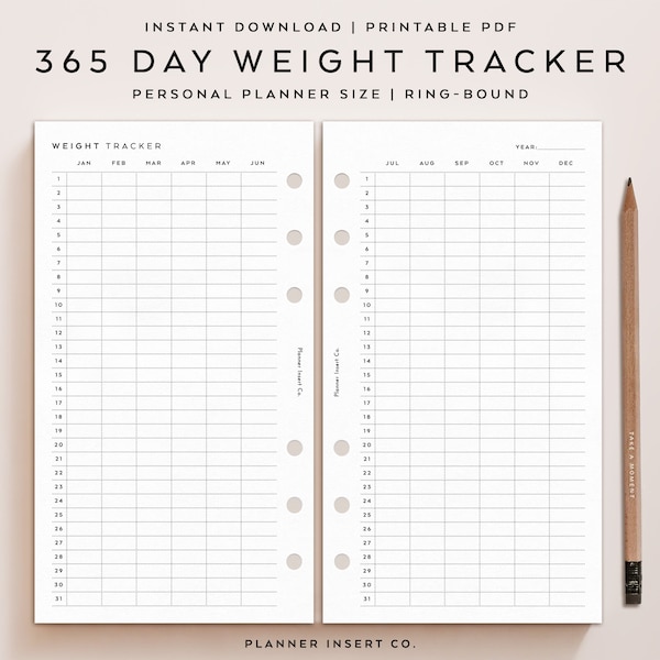 PERSONAL SIZE // 365 Day Weight Tracker Planner Insert Printable, Daily Weight Journal, Weight Loss Tracker, Weight Log, Personal Rings