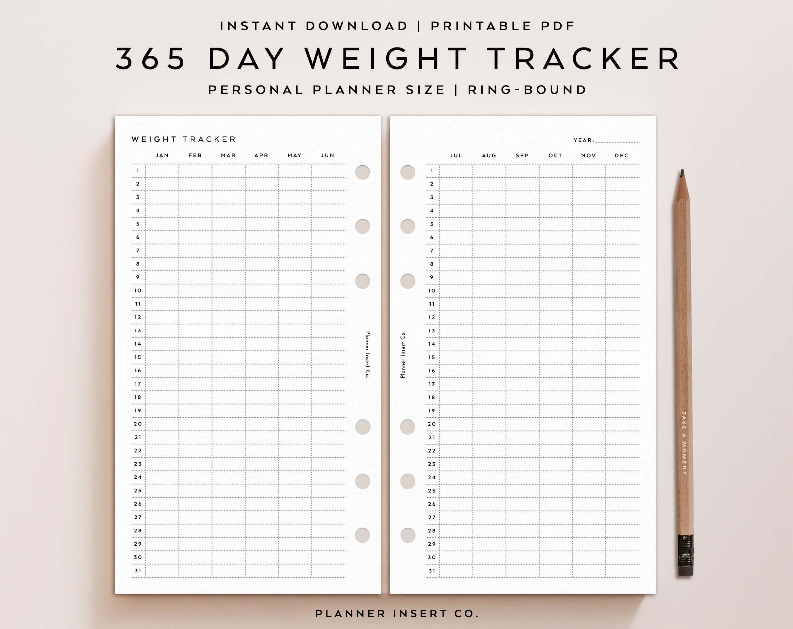 PERSONAL SIZE // 365 Day Weight Tracker Planner Insert Printable, Daily Weight Journal, Weight Loss Tracker, Weight Log, Personal Rings