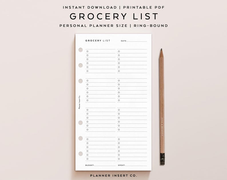 PERSONAL SIZE // Grocery List Printable Planner Insert, Groceries ...