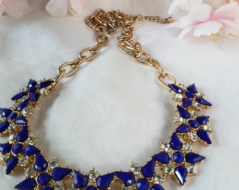Blue and Clear Rhinestone Gold tone Necklace