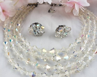 Vintage 1950&#39;s Aurora Borealis Crystal Rhinestone Necklace and Clip on earring set