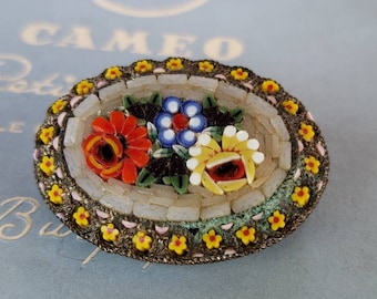 Vintage Victorian Era micro mosaic Flower Brooch / Pin
