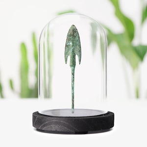 Collectible Mycenaean Greek Arrowhead in Glass Bell Jar: Authentic Military Weapons Ancient Artifact Natural History Decor