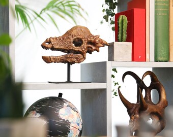 手描きの大型パキケファロサウルスの頭蓋骨恐竜彫刻 - 3D樹脂化石