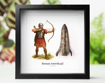 Collectible Framed Authentic Bronze Age Roman Military Arrowhead With Illustration Wall-Hanging Deep Box Frame