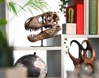 Large Hand-Painted T-Rex Skull Dinosaur Sculpture – Museum-Quality 3D Resin Fossil Model on Black Metal Stand, Statement Home Decor