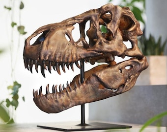 大型手描きT-Rex頭蓋骨恐竜彫刻 - 博物館品質の3D樹脂化石モデル、ブラックメタルスタンド、ステートメントホームデコレーション