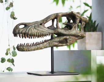 Large Hand-Painted Velociraptor Skull Dinosaur Sculpture – Museum-Quality 3D Resin Fossil Model on Black Metal Stand, Statement Home Decor