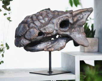 Large Hand-Painted Anklyosaurus Skull Dinosaur Sculpture – Museum-Quality 3D Resin Fossil Model on Black Metal Stand, Statement Home Decor