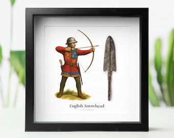 Framed Collectible English Medieval Crusader Arrowhead Authentic Military Weapons Historical Artefact  With Watercolour Illustration