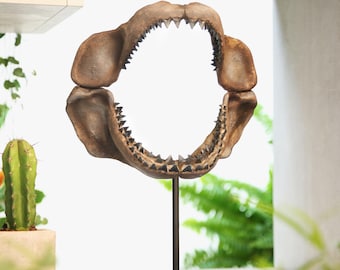 Large Hand-Painted Megalodon Shark Jaw Replica  Sculpture - Museum-Quality 3D Resin Fossil Model on Black Metal Stand, Statement Home Decor
