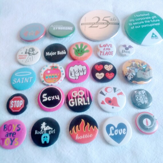 25 Vintage Buttons Pins Badges Assorted Messages … - image 2