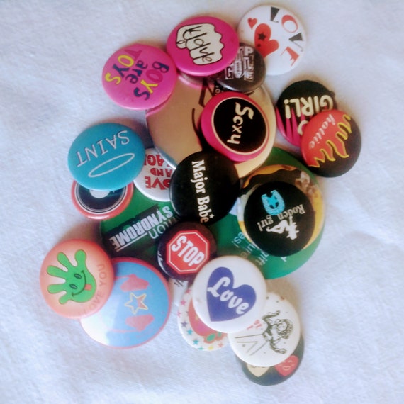 25 Vintage Buttons Pins Badges Assorted Messages … - image 1