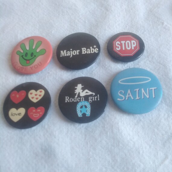 25 Vintage Buttons Pins Badges Assorted Messages … - image 4