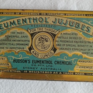 Vintage 1940 Collectible "Eumenthol" Jujubes G. Hudson Medical Advert Tin