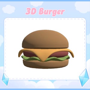 May include: A 3D rendering of a burger with a brown bun, a slice of cheese, a red patty, and green lettuce. The text "3D Burger" is displayed in pink above the burger.