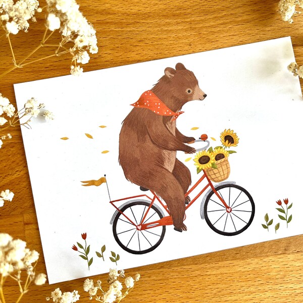 Cycling Bear Postcard, Greeting Card, Illustrated Stationery, Postcard with Envelope