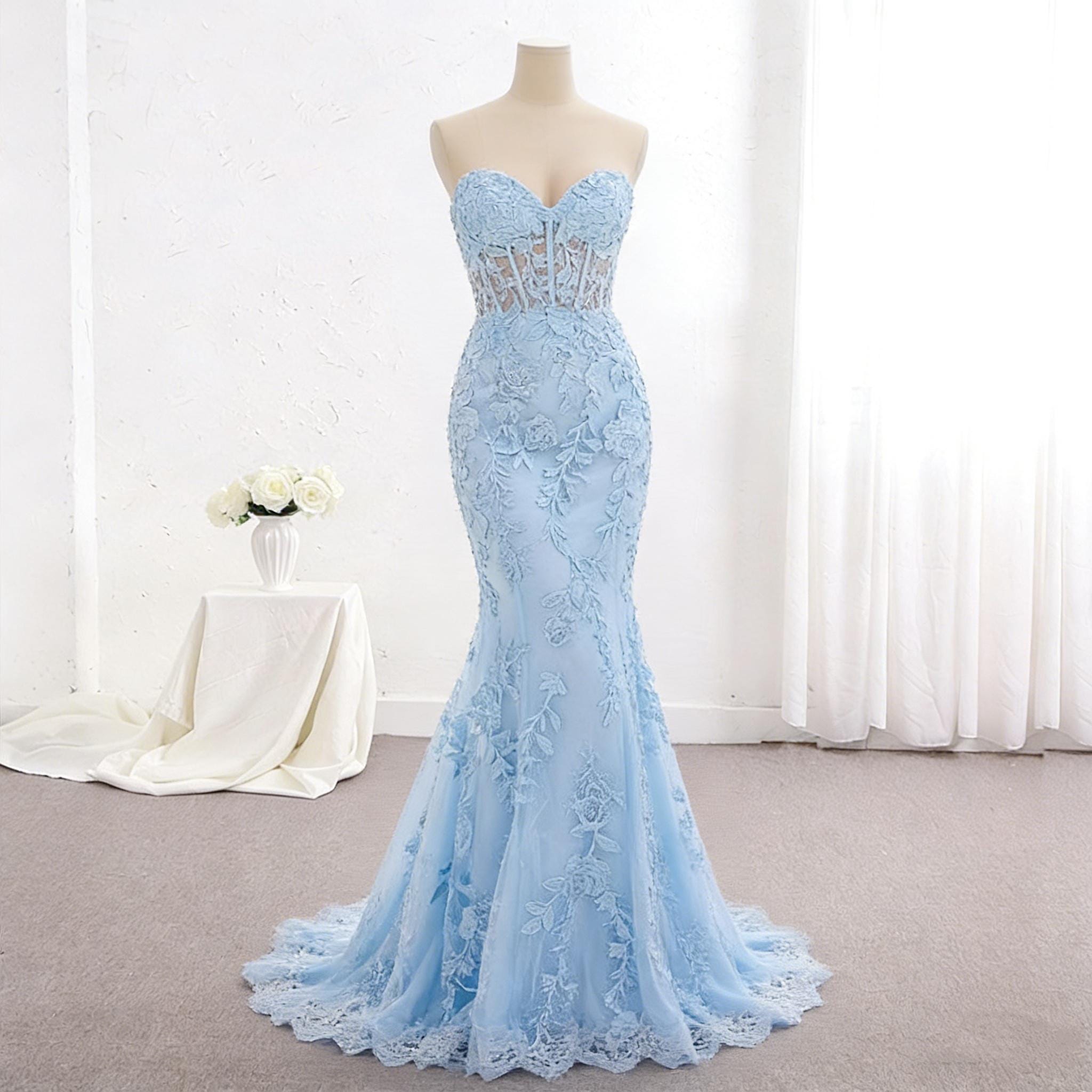 Mermaid Lace Prom Dress Light Blue Color Formal Party Dress For Women and Girls Gala Wear