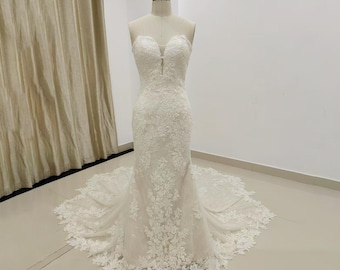Vestido de novia de encaje de sirena: cola larga, talla personalizada