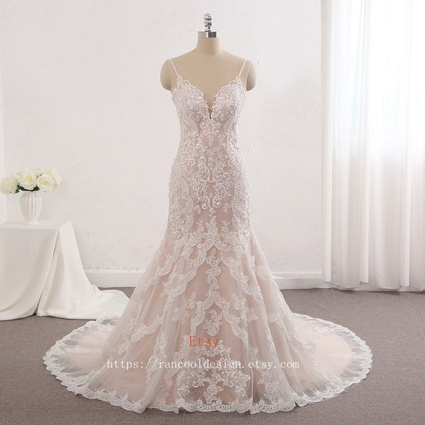 Custom Made Champagne Lace Wedding Dress  Bride Dress Trumpet Shape Bridal Gown Dresses For Brides