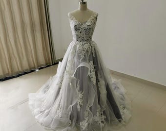 Custom Colored Lace Wedding Dress: A-Line Tulle Bridal Gown