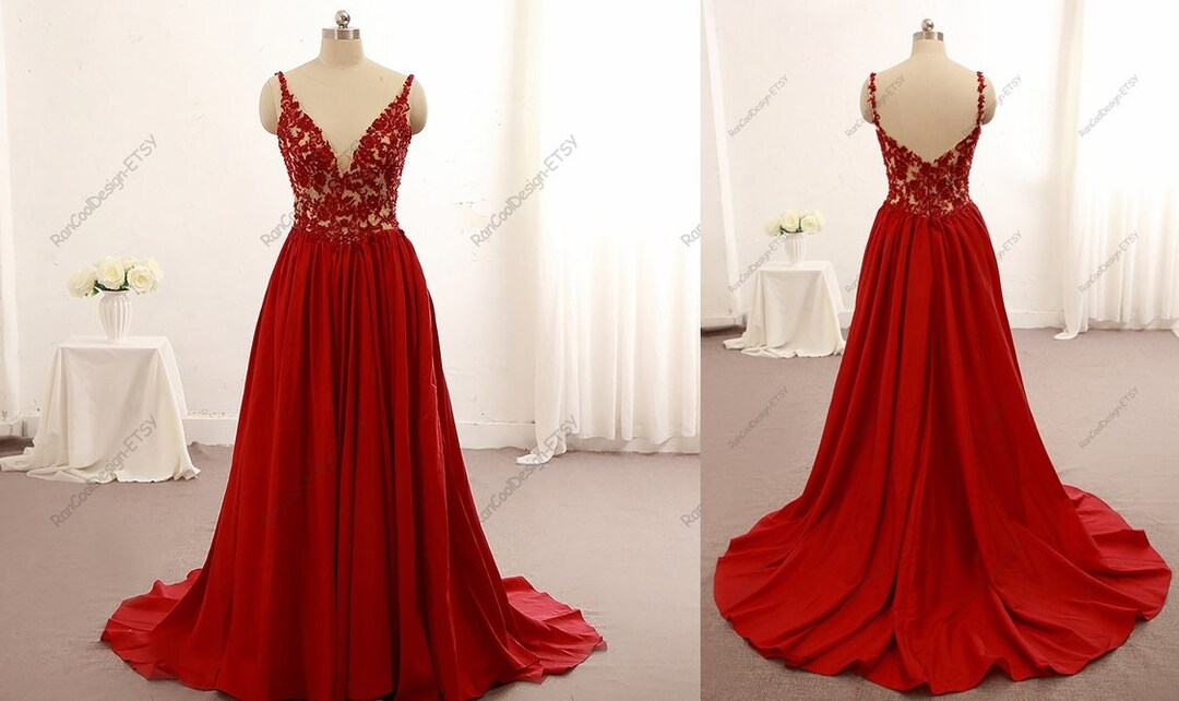 Red Prom Dress Long V Neckline Dress Graduation Party Dress for Women Sweet 16 Dress