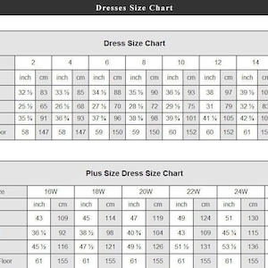 May include: A size chart for dresses, showing measurements in inches and centimetres for bust, waist, hips, and hollow to floor. The chart includes standard sizes 2-16 and plus sizes 16W-26W.