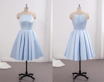 Light Blue Satin Bridesmaid Dress: Short A-Line Homecoming Dress