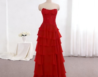 Red Prom Dress Layers Skirt Formal Party Dress For Women and Girls Gala Wear