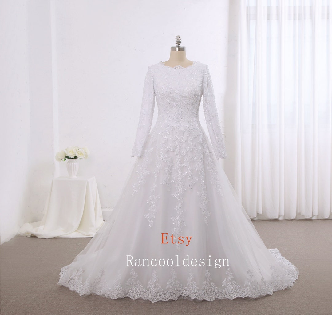 Vintage Muslim Sleeve Wedding Dress Chiffon Modest Floor Length Gown