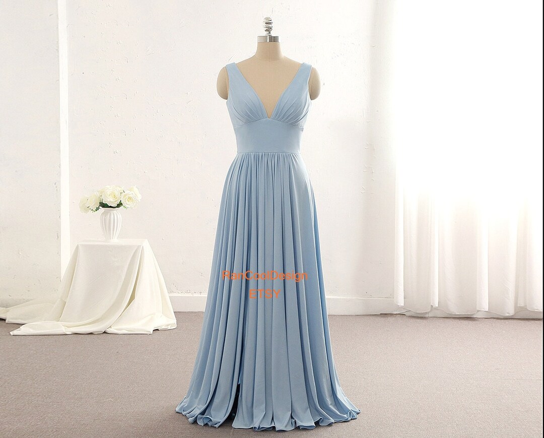 Low Back Sexy Long Dresses with Slit Sky Blue main image 0