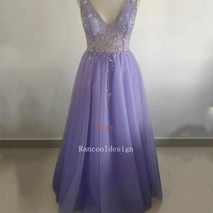 Purple Beaded V-neckline Tulle Sparkle Party Dress Evening Dress Purple Tulle Prom Dress Y1008