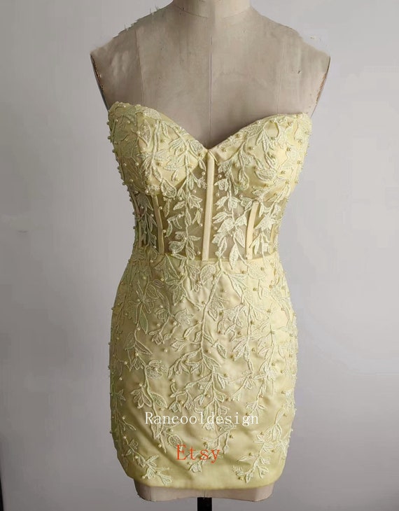 Yellow Lace Homecoming Dress: Sweetheart Mini Party Dress