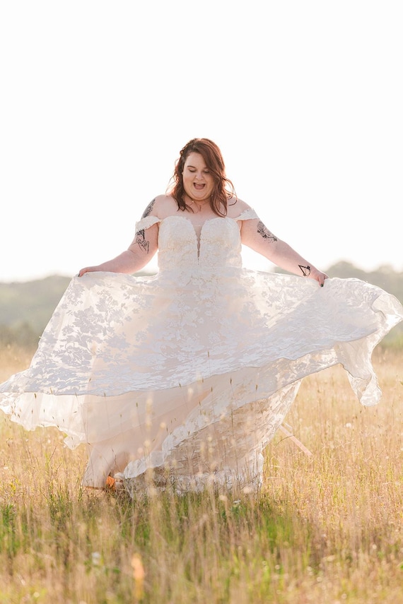 knee length dresses for ladies Lace V-Neck Wedding Dress | Tulle Bow Strap Bridal Gown main image 1