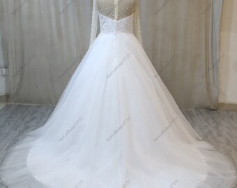 chinese dress ladies Long Sleeve Illusion Neckline Lace Ball Gown Wedding Dress White / Custom Size / 50cm