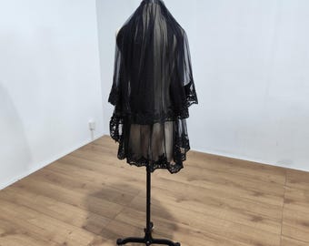 Velo de novia de encaje negro, velo de novia de tul de dos capas con peine